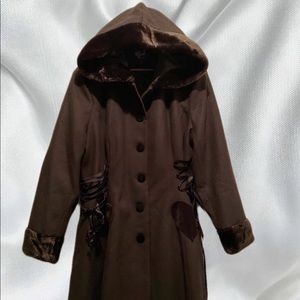 Unique Vintage Hell Bunny 50s Black Knee Velvet Trim Hooded Black Coat